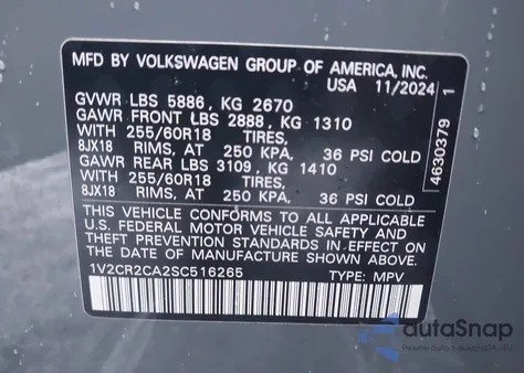 2025 Volkswagen Atlas 2.0T Peak Edition z USA, uszkodzony, nr VIN 1V2CR2CA2SC516265